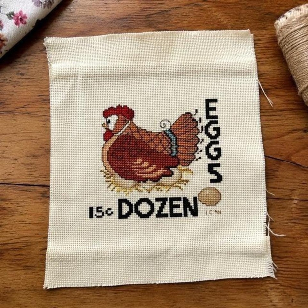 Completed Hen Cross Stitch Farmhouse Folk Art 15c Dozen Eggs Needlework